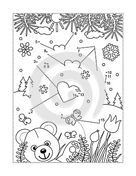 Valentine`s Day greeting mail arrives join the dots puzzle and coloring page